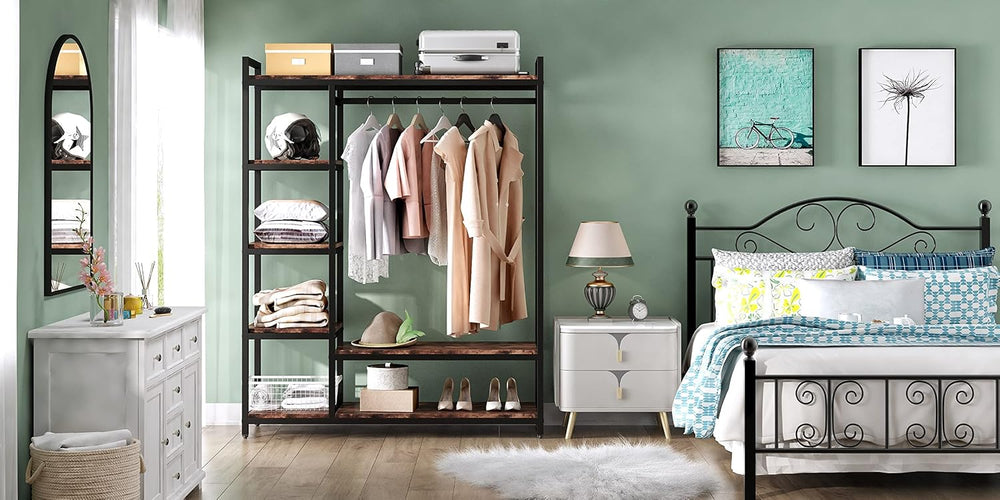 LITTLE TREE Free Standing Wood Closet Clothes Rack,Heavy Duty Grament Rack wi...