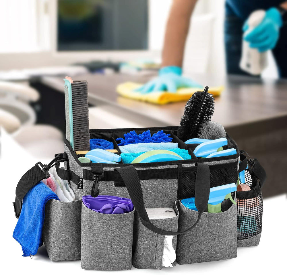 LoDrid Wearable Cleaning Caddy Bag with 4 Foldable Dividers, Grey