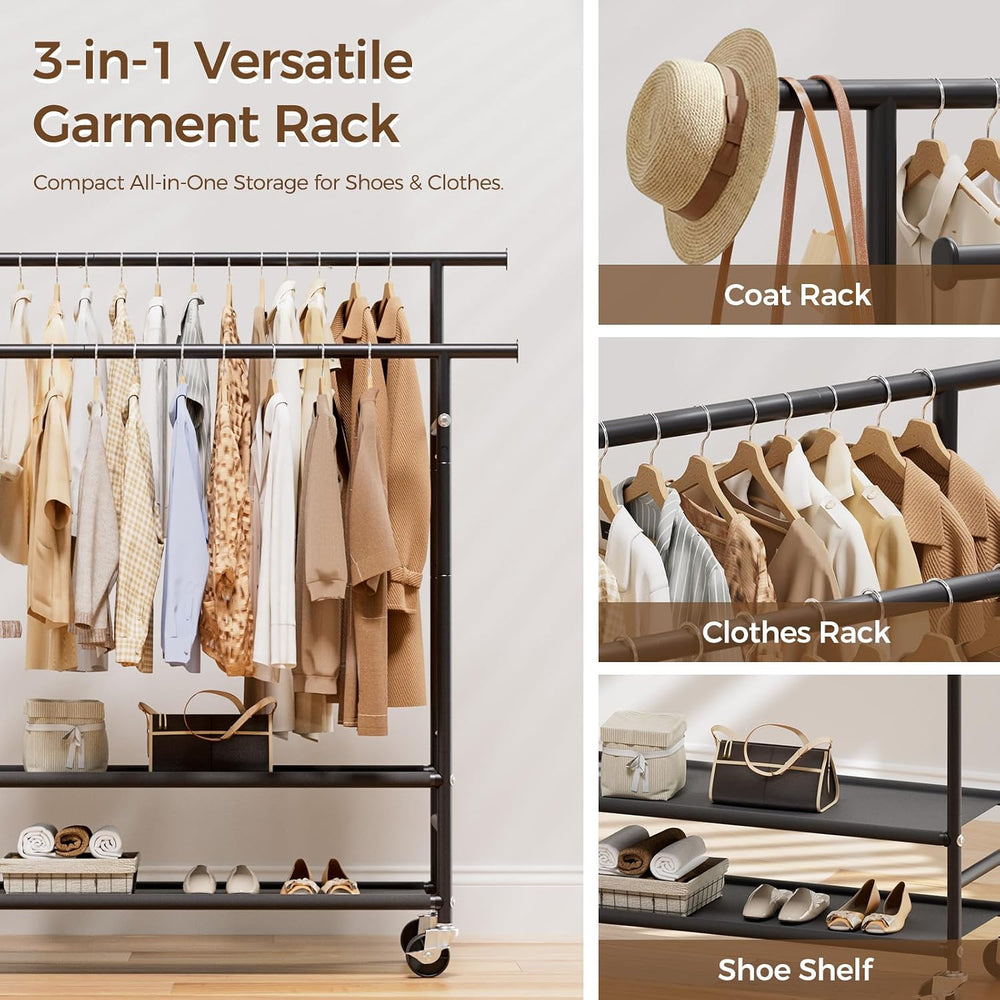 HYSEYY Clothes Rack,Double Rods Rolling Clothing Rack for Hanging Clothes,Por...