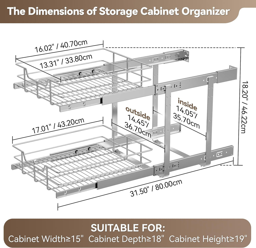 2 Tier Pull Out Cabinet Organizer 15" W X 17" D, Chromed, Full Slid...
