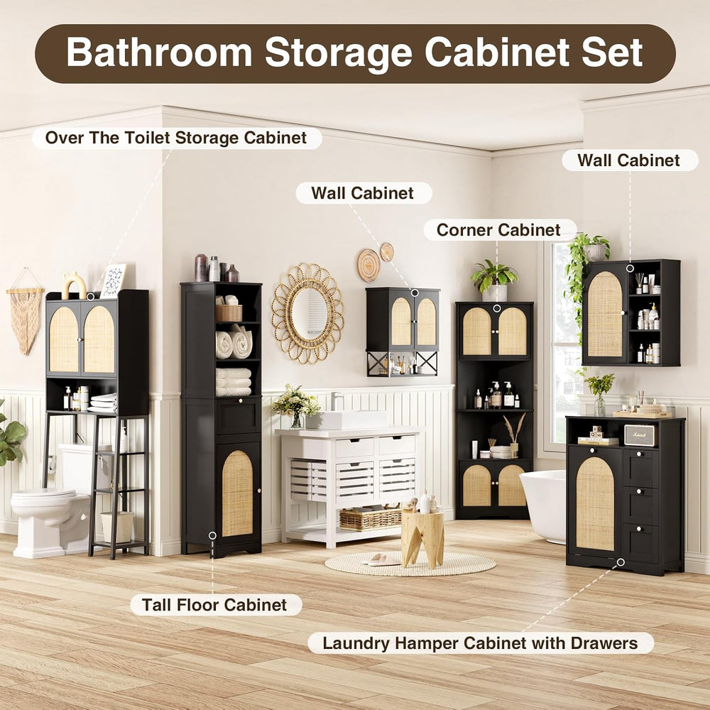 Rattan Bathroom Wall Cabinet, Boho Medicine Wall Cabinets with Door and Adjus...