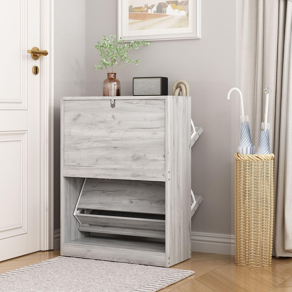 Small Shoe Cabinet with 2 Flip Drawers, Louver Surface, Grey