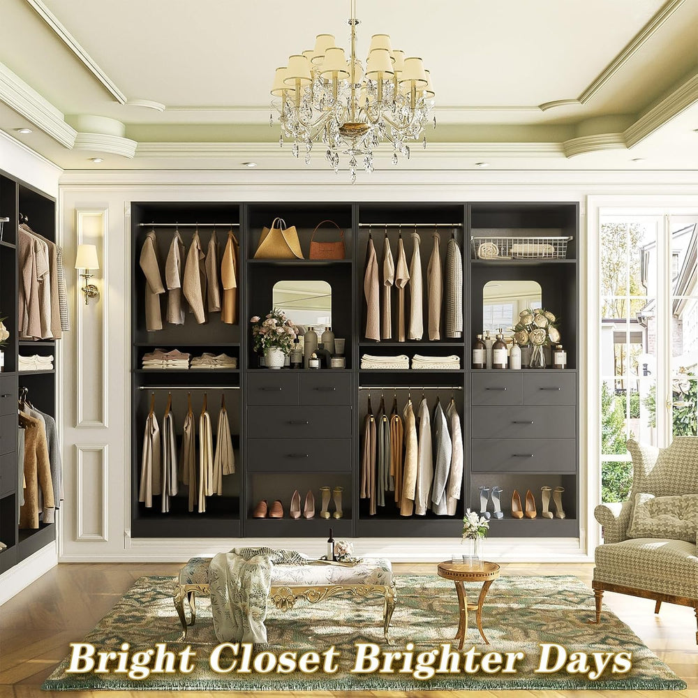 Unikito 100” Closet System with Drawers, 8.3FT Wood Closet Organizer with Han...