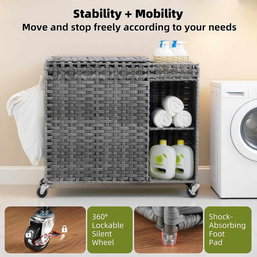 Laundry Hamper with Lid, 160L Rattan Wicker Laundry Basket with Wheels, Handw...