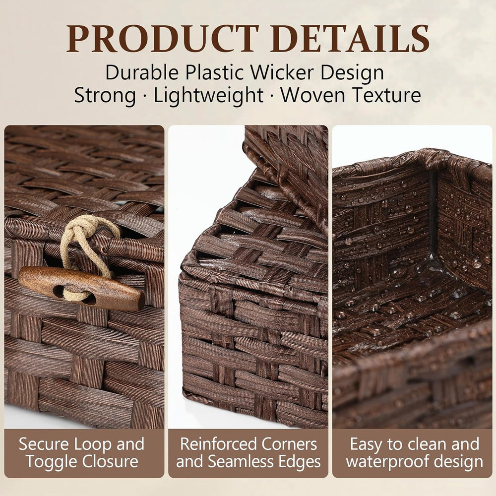 Newtay Set of 4 Woven Wicker Storage Baskets with Lids, Decorative Storage Bo...