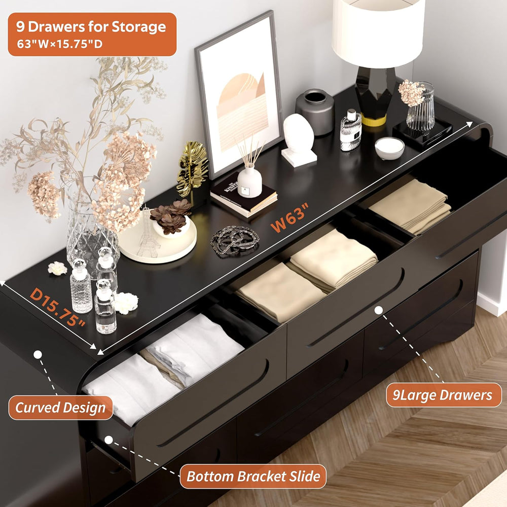 Dresser for Bedroom with 9 Drawers, 63" Large Modern Dressers, Black