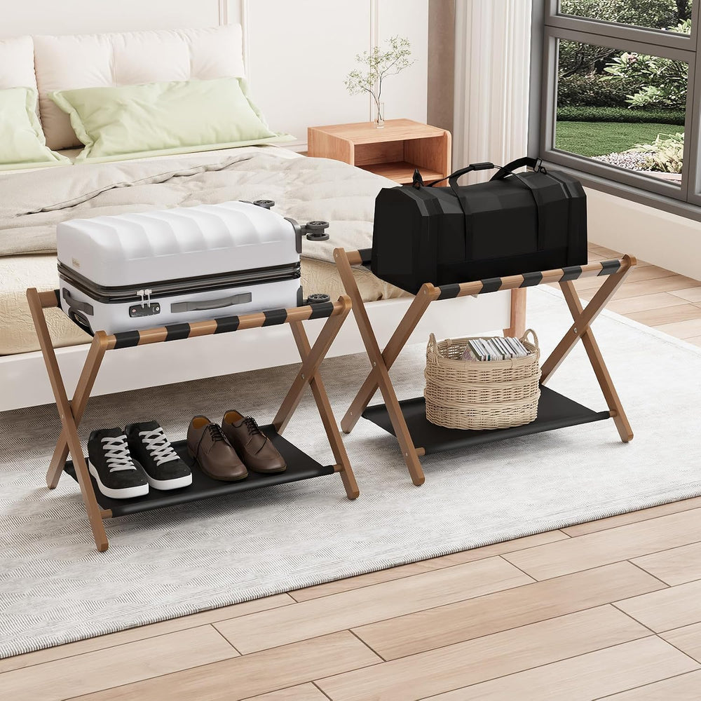 Smuxee Walnut Bamboo Luggage Rack Pack of 2, Foldable Suitcase Stand with Sto...