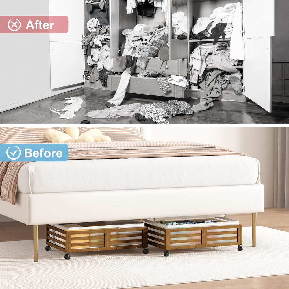 Under Bed Storage with Wheels-Large Bamboo Underbed storage Containers with L...