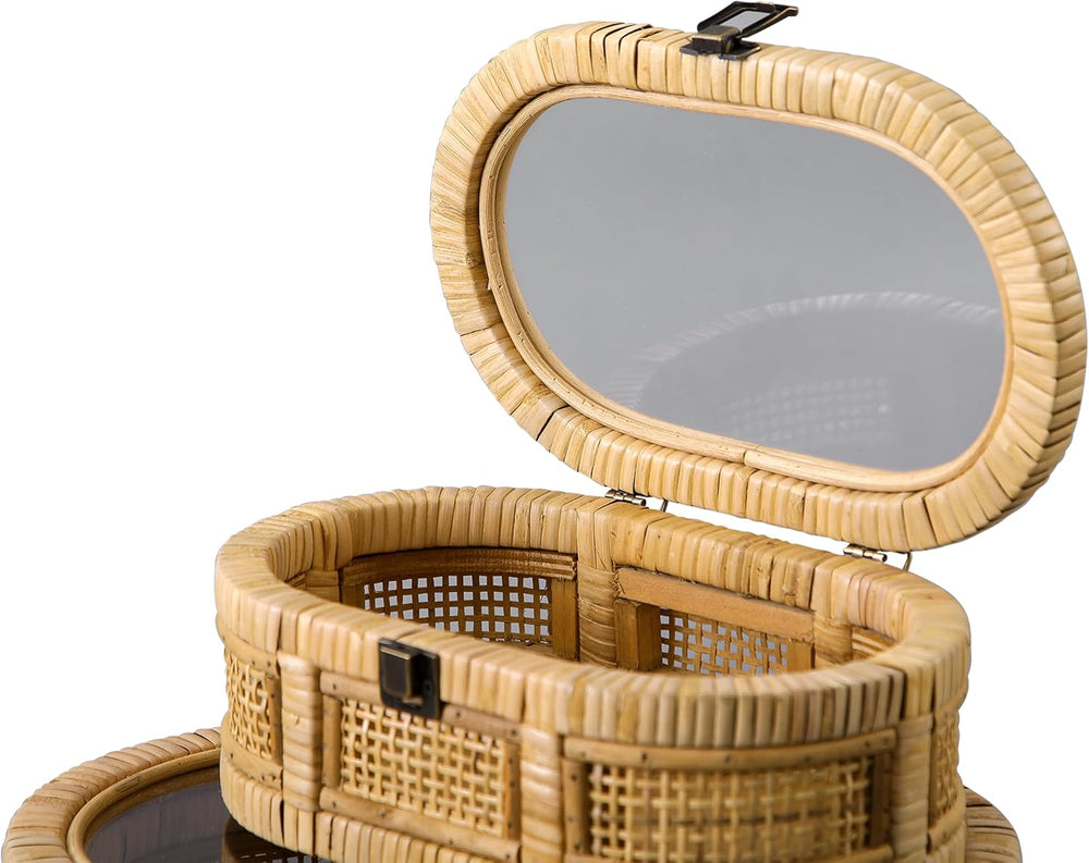 SOFE Oval Rattan Boxes with Glass Lid Set of 2, Handwoven Boho Storage Bins