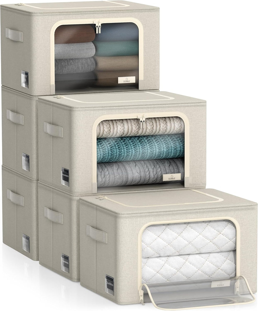 Sorbus Clothes Storage Bins with Metal Frame, Clear Window (6 Pack, Beige)