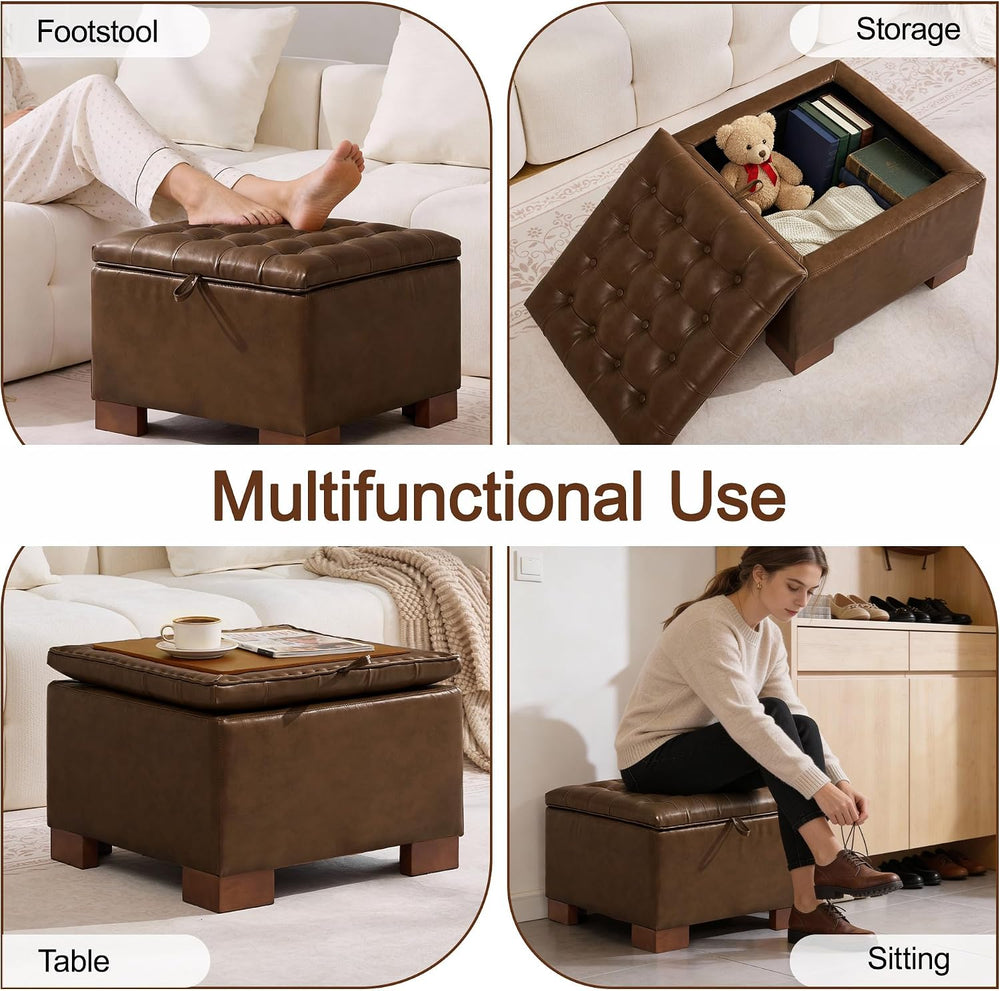 WUTUTUEE 24" Faux Leather Square Storage Ottoman with Wooden Tray, Moder...