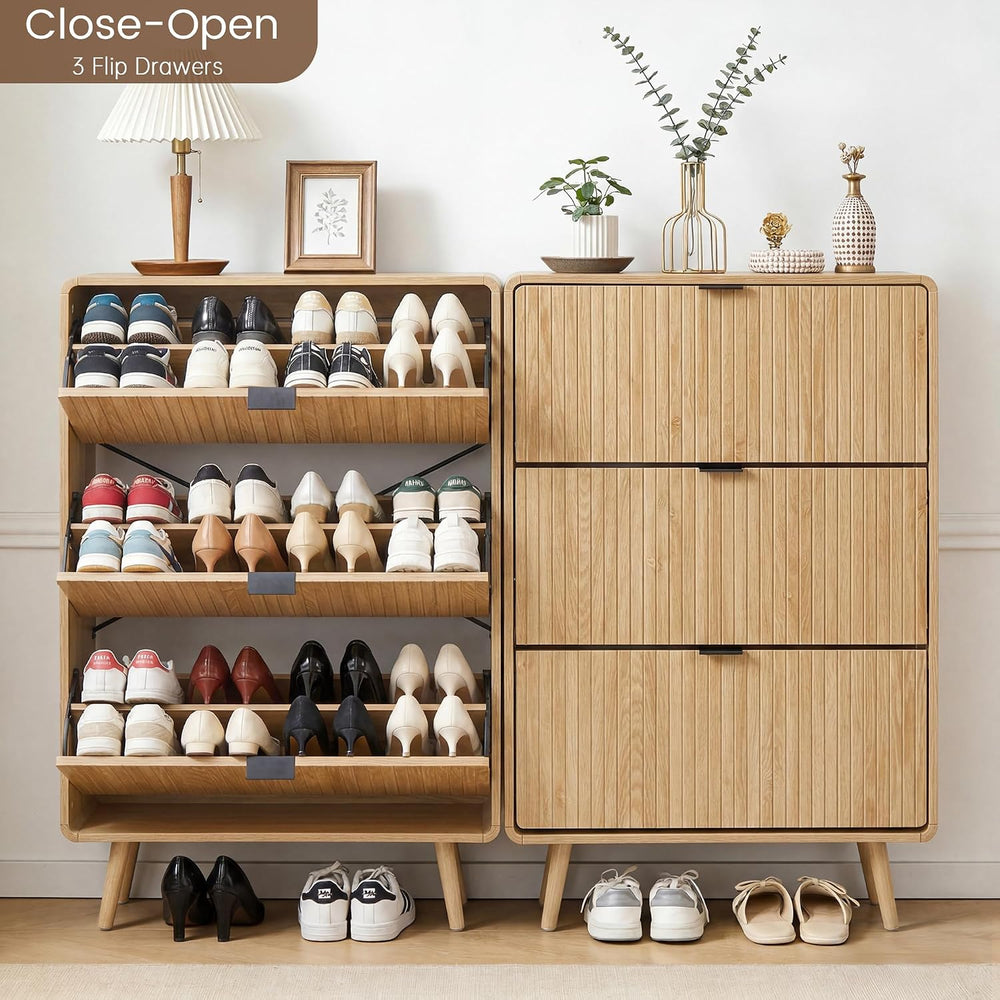 FurSch Fluted Shoe Storage Cabinet with 3 Flip Drawers, Narrow Shoe Rack Cabi...