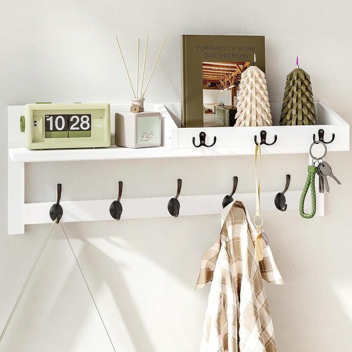 AMBIRD Wall Hooks with Shelf, 26.57 Inch Entryway Wood Coat Hooks for Wall, Coat Rack Wall Mount with 5 Dual Hooks 3 Key Hooks Mail Organizer and Key Rack Holder (White)