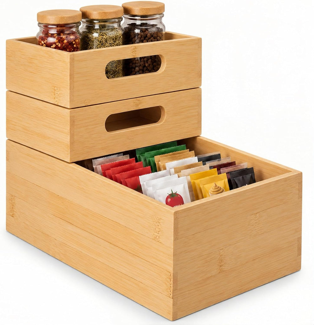HOMESTEAD 3-Piece Stackable Bamboo Storage Box, Large Storage Bin, Wooden Box...
