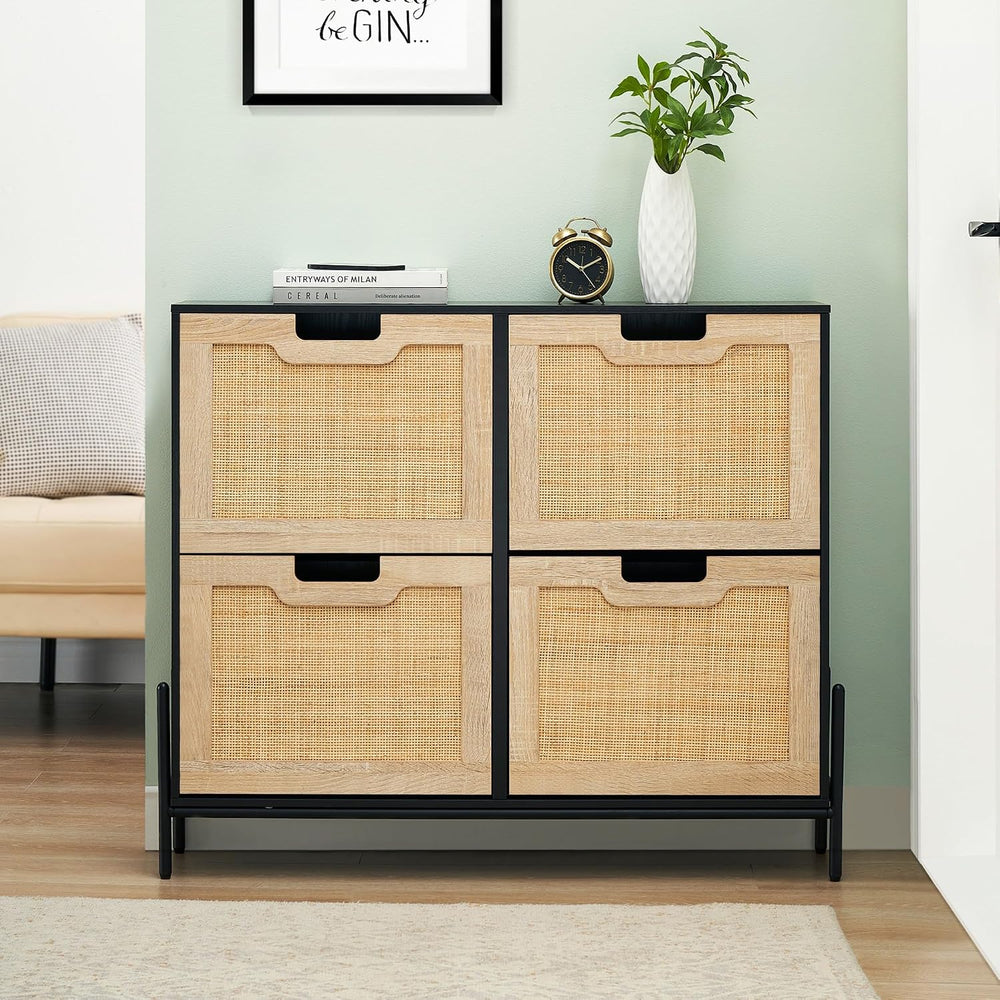 GAOMON Natural Rattan 4 Flip Door Shoe Rack Storage Cabinet, Shoe Cabinet Org...