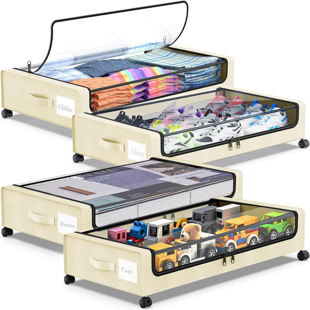 Molutsody Under Bed Storage with Wheels, 4-Pack UnderBed Storage Containers w...