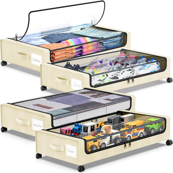 Molutsody Under Bed Storage with Wheels, 4-Pack UnderBed Storage Containers with Clear Lids, Under Bed Shoe Storage Organizer, Rolling Under Bed Storage for Clothes Shoes Blankets (Beige)