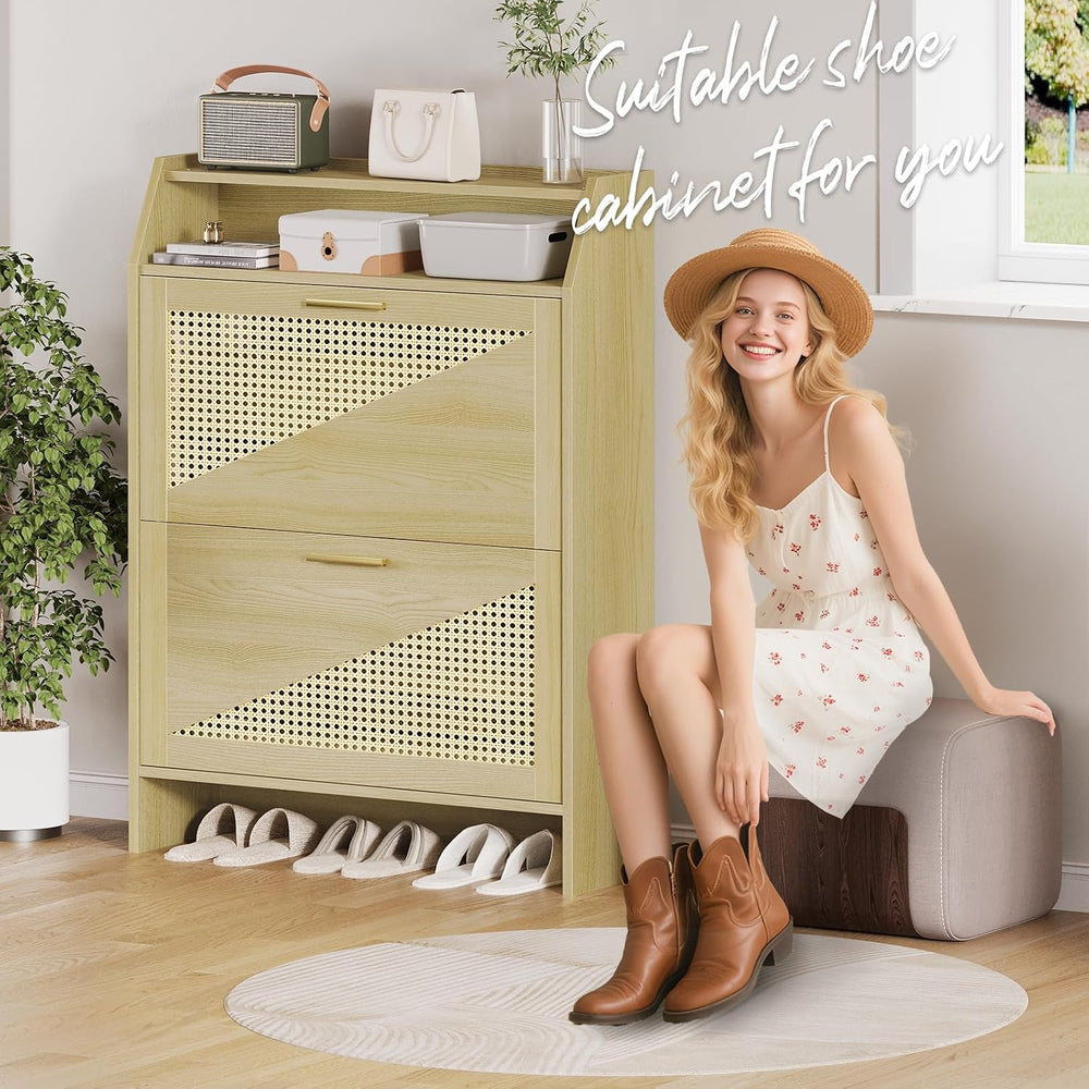 Rattan Shoe Storage Cabinet with 2 Flip Drawers, Wooden Shoe Cabinet with Adj...