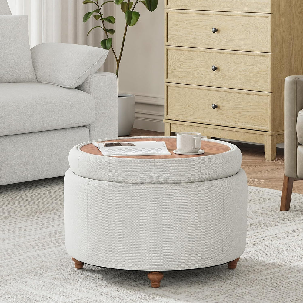 25Inch Round Storage Ottoman, Small Round Ottoman Coffee Table with Storage