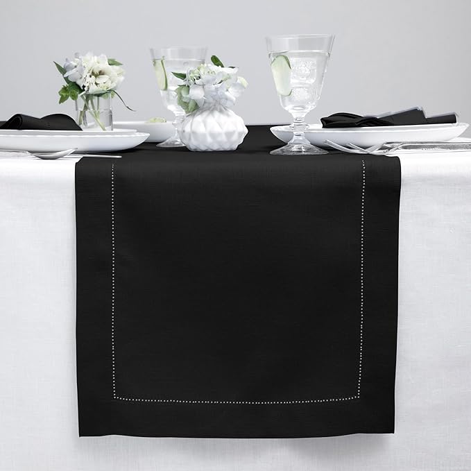 Solino Home Linen Black Table Runner 60 Inches - Classic Hemstitch, 100% Pure...
