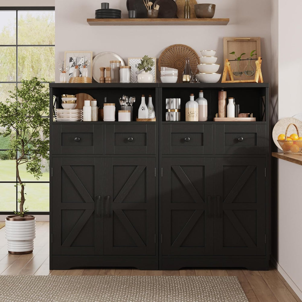 Black Farmhouse Storage Cabinet with Doors and Drawers, Small Pantry Hutch