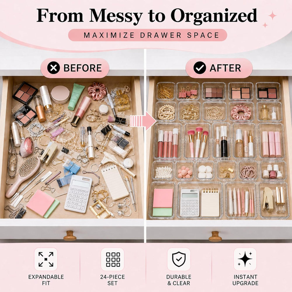 24 Pcs Clear Adjustable Drawer Organizer, 3-Size Expandable Desk Drawer Organ...