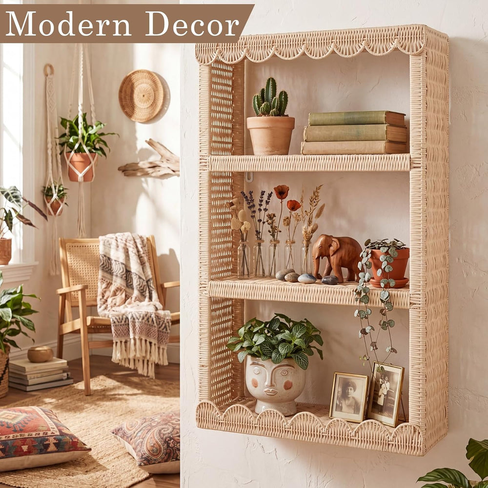 Pinkunn Scalloped Rattan Wall Hanging Storage Shelf Boho Wall Decor and Woven...