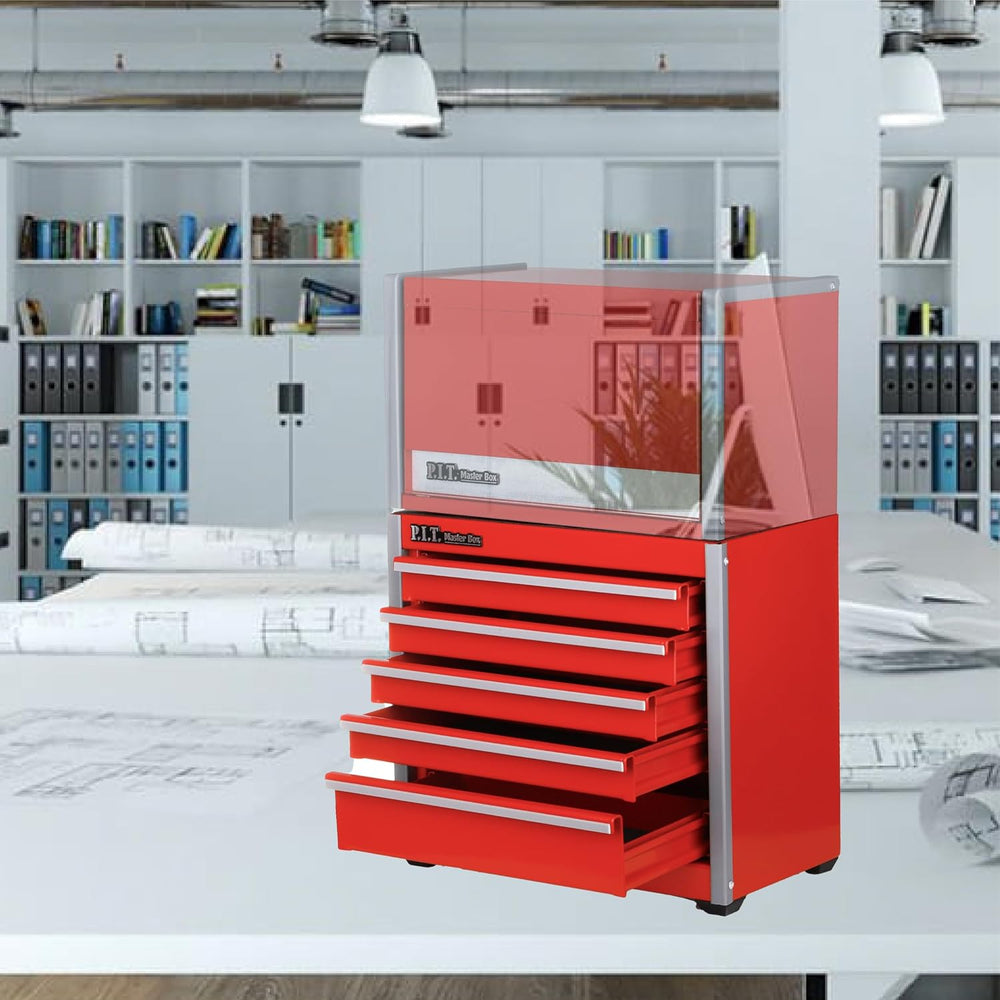 P.I.T. Mini Tool Box,Small Metal Toolbox Organizer with 5 Drawers,Red
