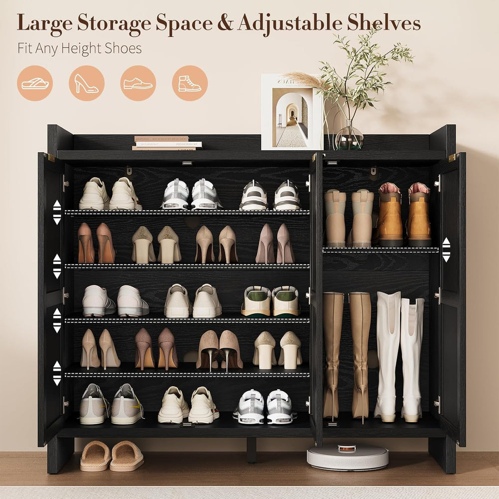 Shoe Cabinet Storage for Entryway - Rattan Accent Cabinet with 3 Doors & ...