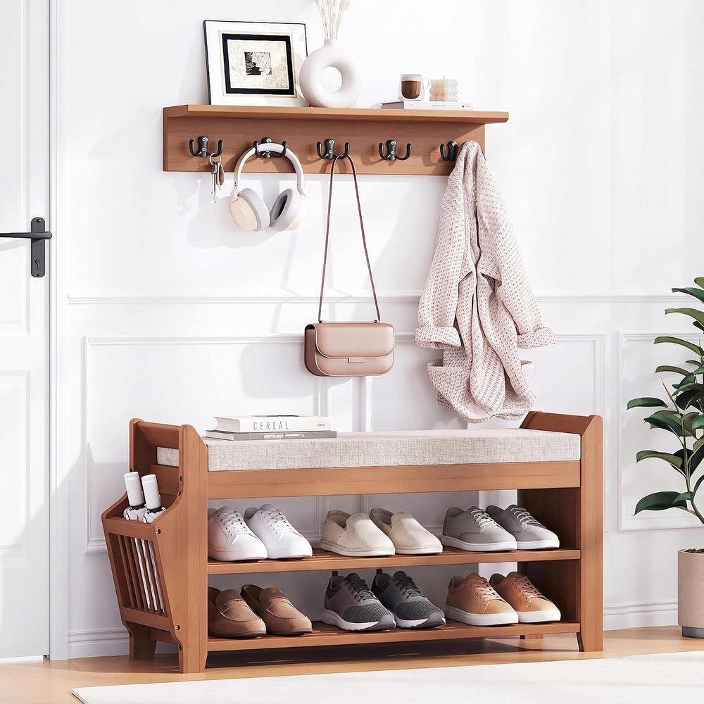 PETKABOO 31.5" Shoe Bench with Coat Rack Hidden Drawer and Side Holder, ...