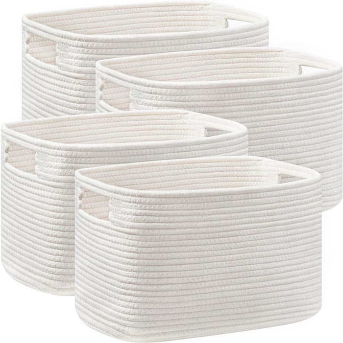 4 Pack Storage Baskets for Organizing, Shelf Baskets with Handles, White