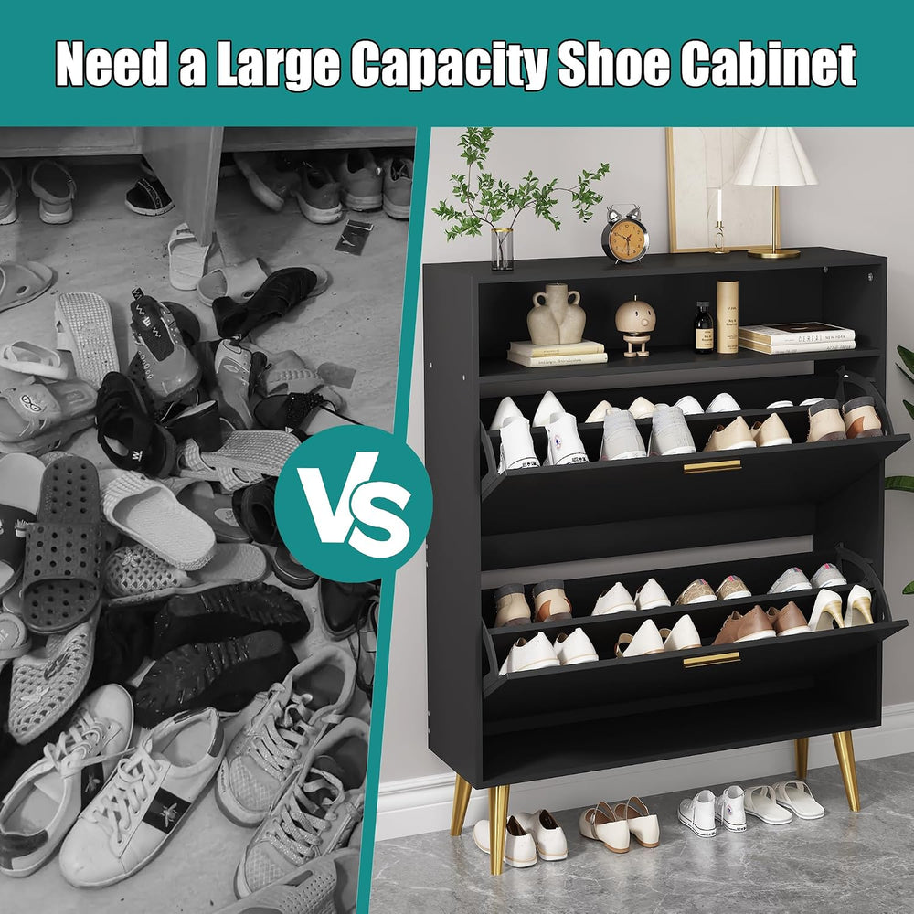 JOZZBY Shoe Storage Cabinet with 2 Flip Drawers and Open Shelves, Black丨Hidde...