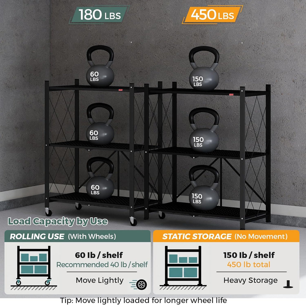 DEANIC 3 Tier Foldable Storage Shelves with Wheels, Kitchen Appliance Stand, ...