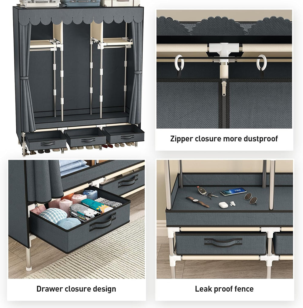 Portable Armoire Wardrobe Closet with 3 Drawers and 3 Hanging Rods,Cloth Clos...