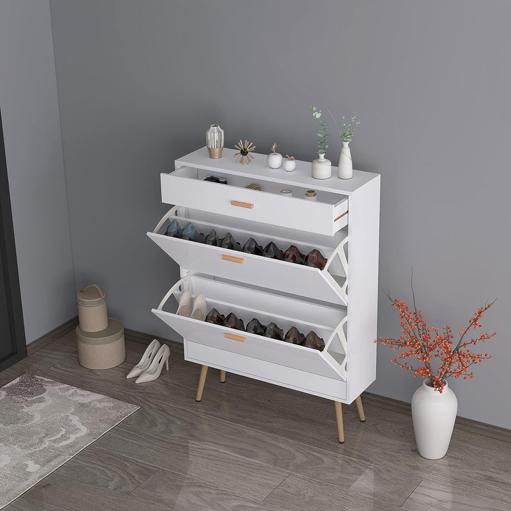 White Shoe Cabinets with 2 Flip Drawers, Tipping Bucket 2-Tier 16 Pairs Shoe ...