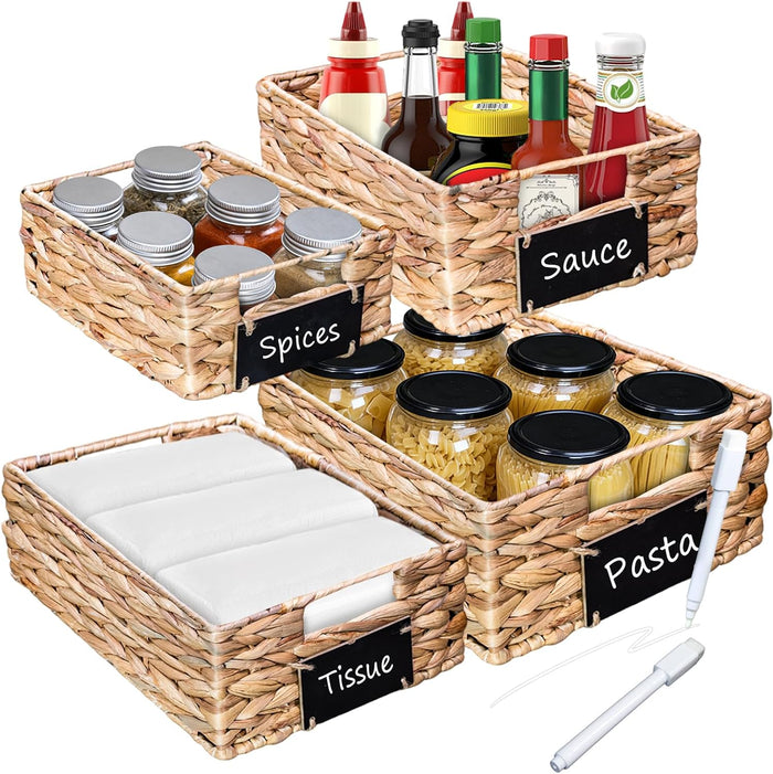Set of 4 Sizes Hand-Woven Pantry Shelf Baskets, Hyacinth Storage Baskets with Chalkboard Labels & 2 Chalk Markers, Wicker Nestable Shelf Basket Set for Organizing Pantry Laundry Shelves