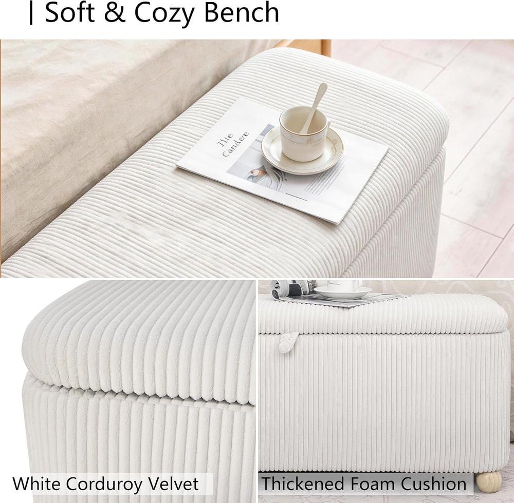 Homebeez 39” Corduroy Storage Ottoman Bench with Hinged Lid & Handle