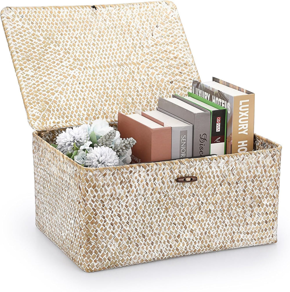 Hipiwe Wicker Woven Baskets Bin with Lid Seagrass Storage Basket, X-Large