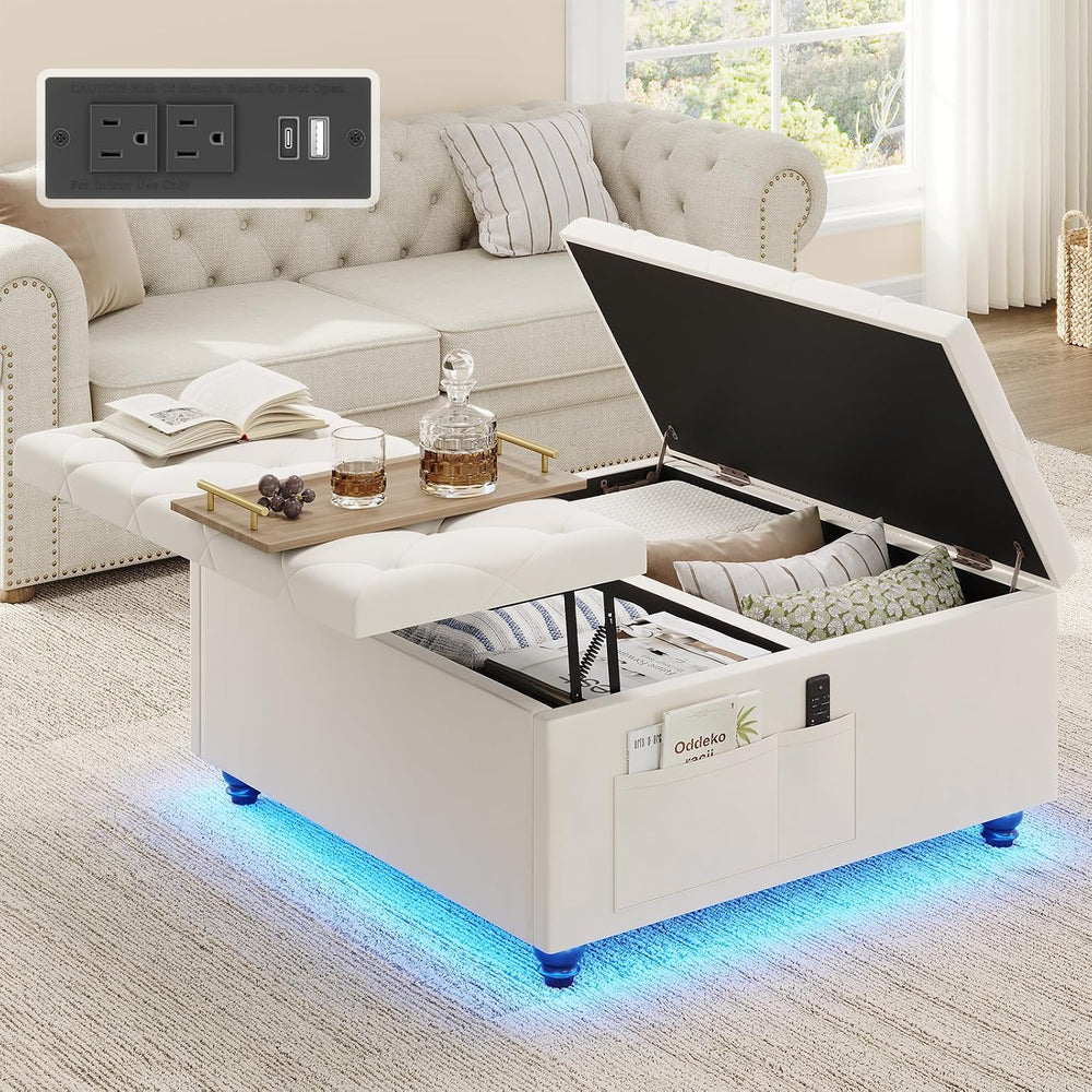 Dnxao 31.5 Inch Large Square Ottoman with Storage and Removable Tray, Beige
