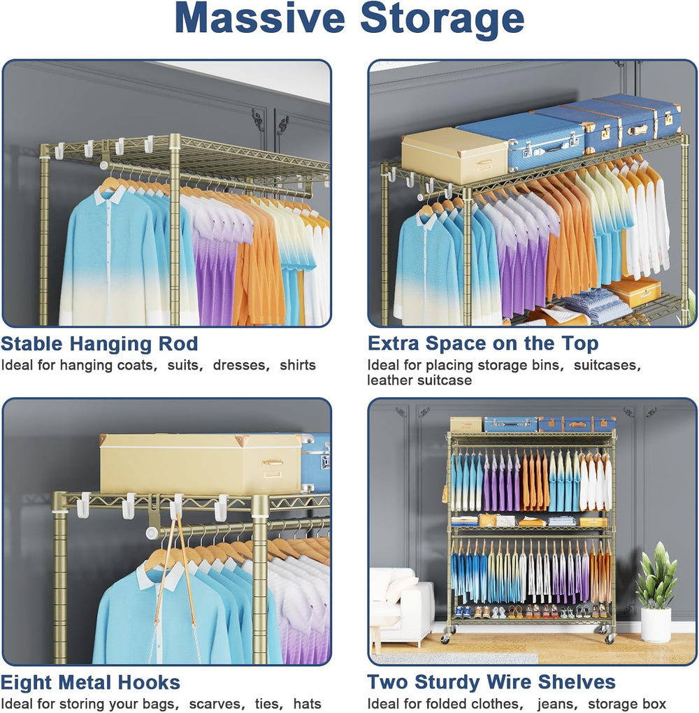 ULIFHOME P8 Max Heavy Duty Clothes Rack（With Extended Width Design） Rolling C...