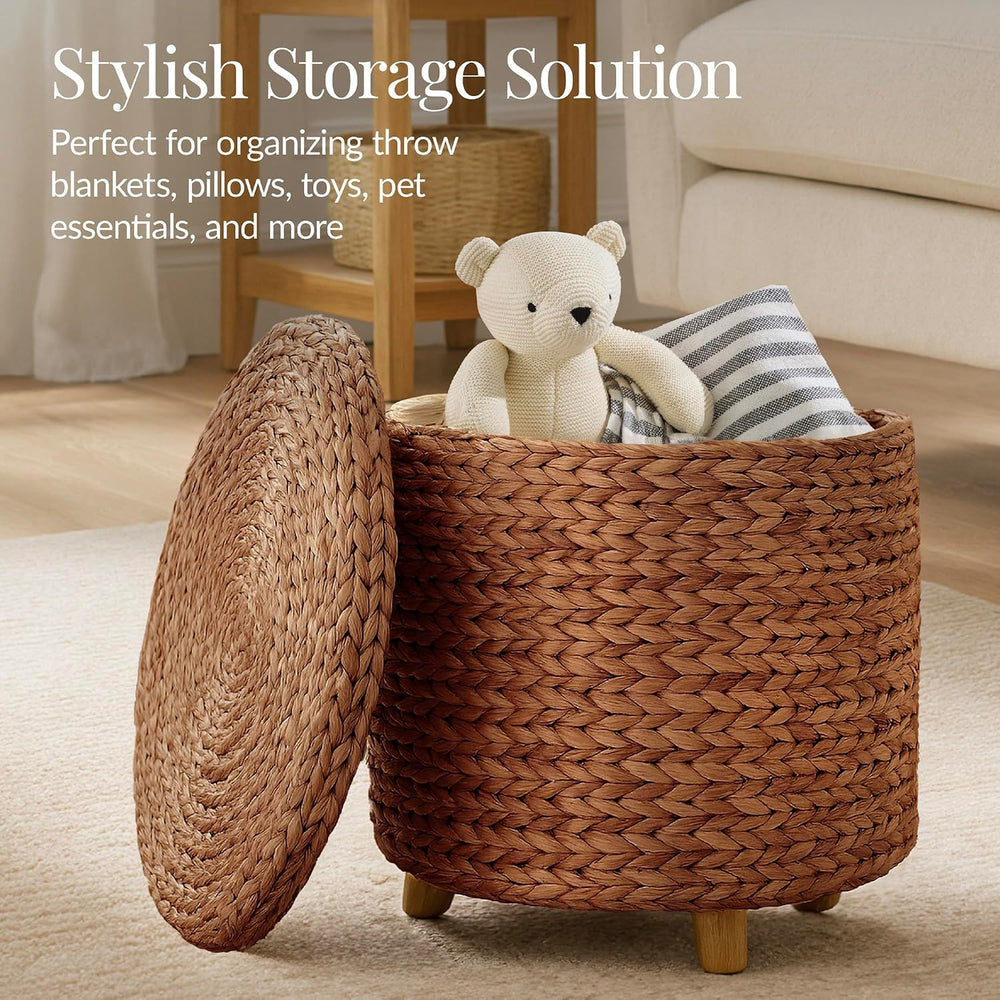 Best Choice Products 17" Round Storage Ottoman W/Lid, Handwoven Water Hy...