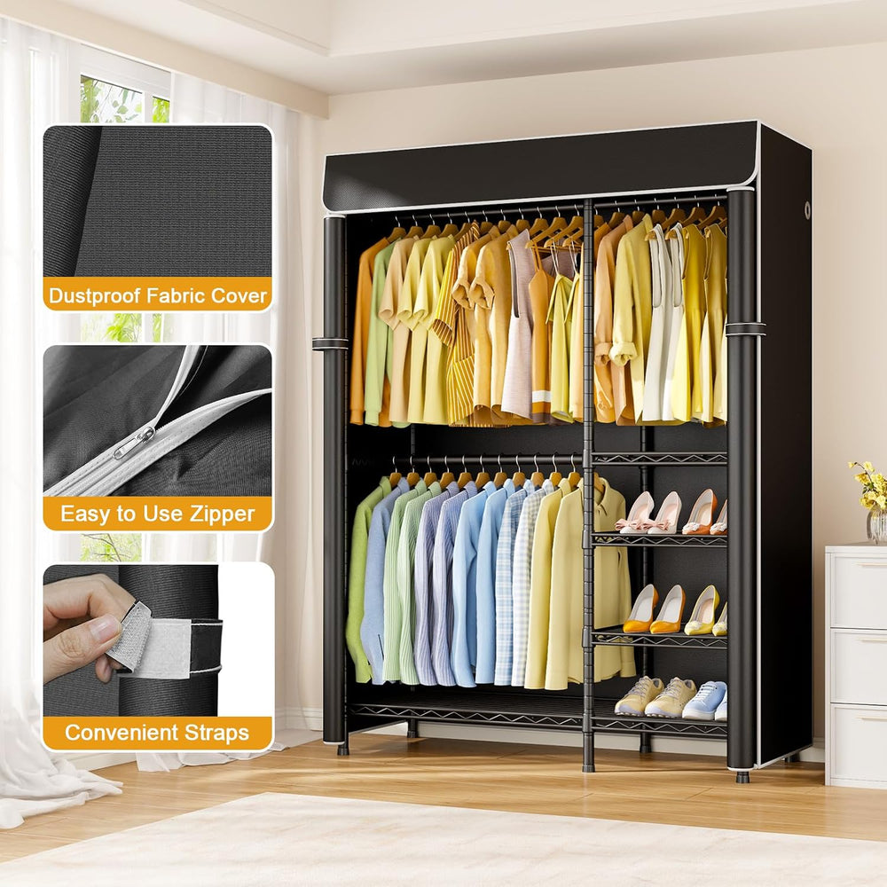 ULIFHOME F2C Clothes Rack with Cover, Black Clothing Racks Heavy Duty