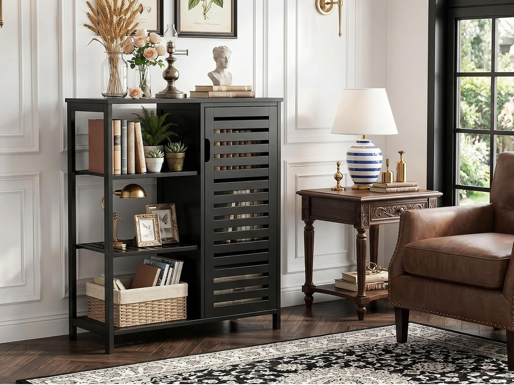 Bathoom Storage Cabinet, Bamboo Floor Cabinet with Single Door and 3 Open She...
