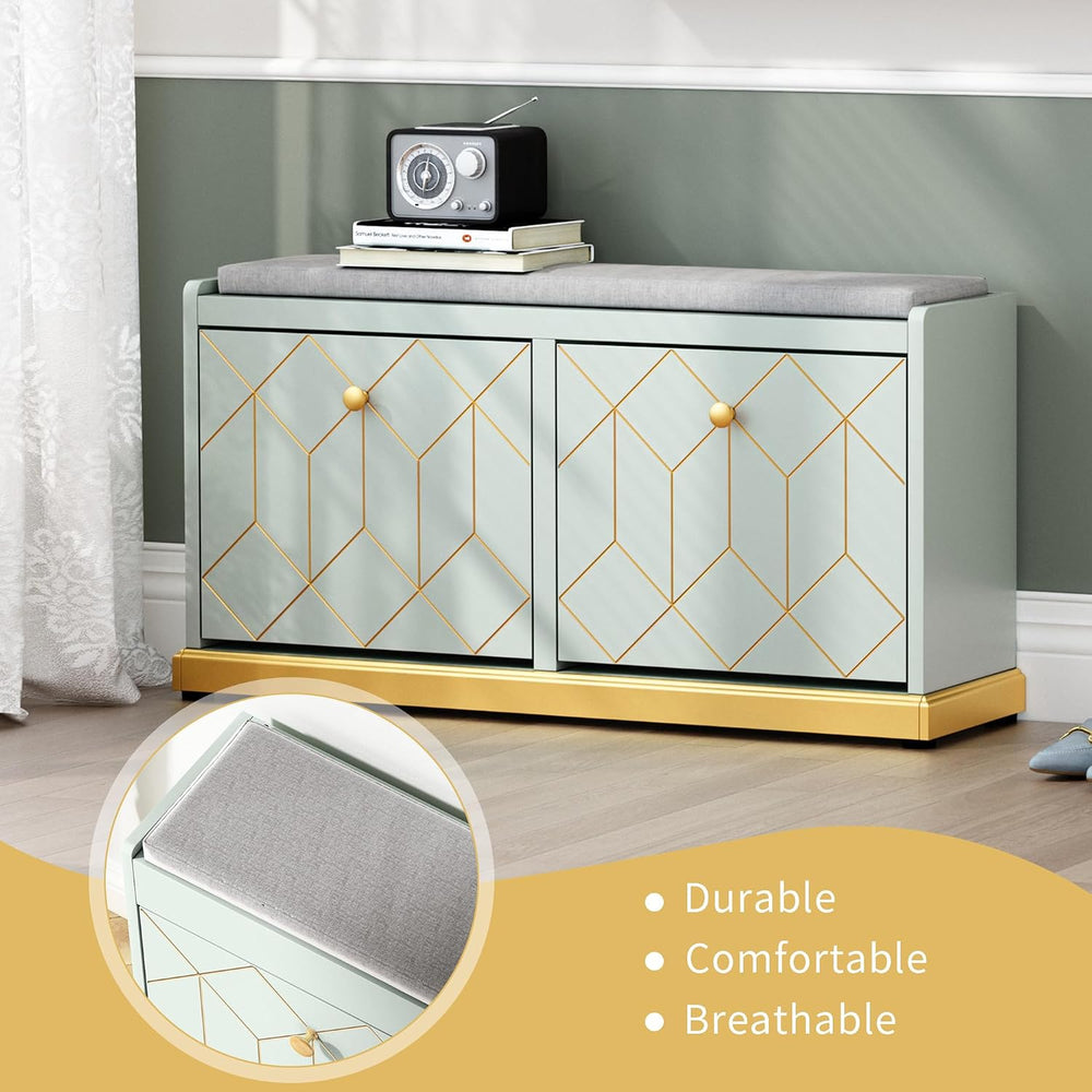 HLR Shoe Storage Bench with 2 Flip Drawer & Padded Cushion Seat
