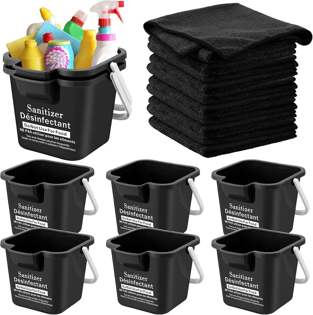 Vesici 6 Set 3 Quart Cleaning Bucket with Cloths Small Sanitizing, Black