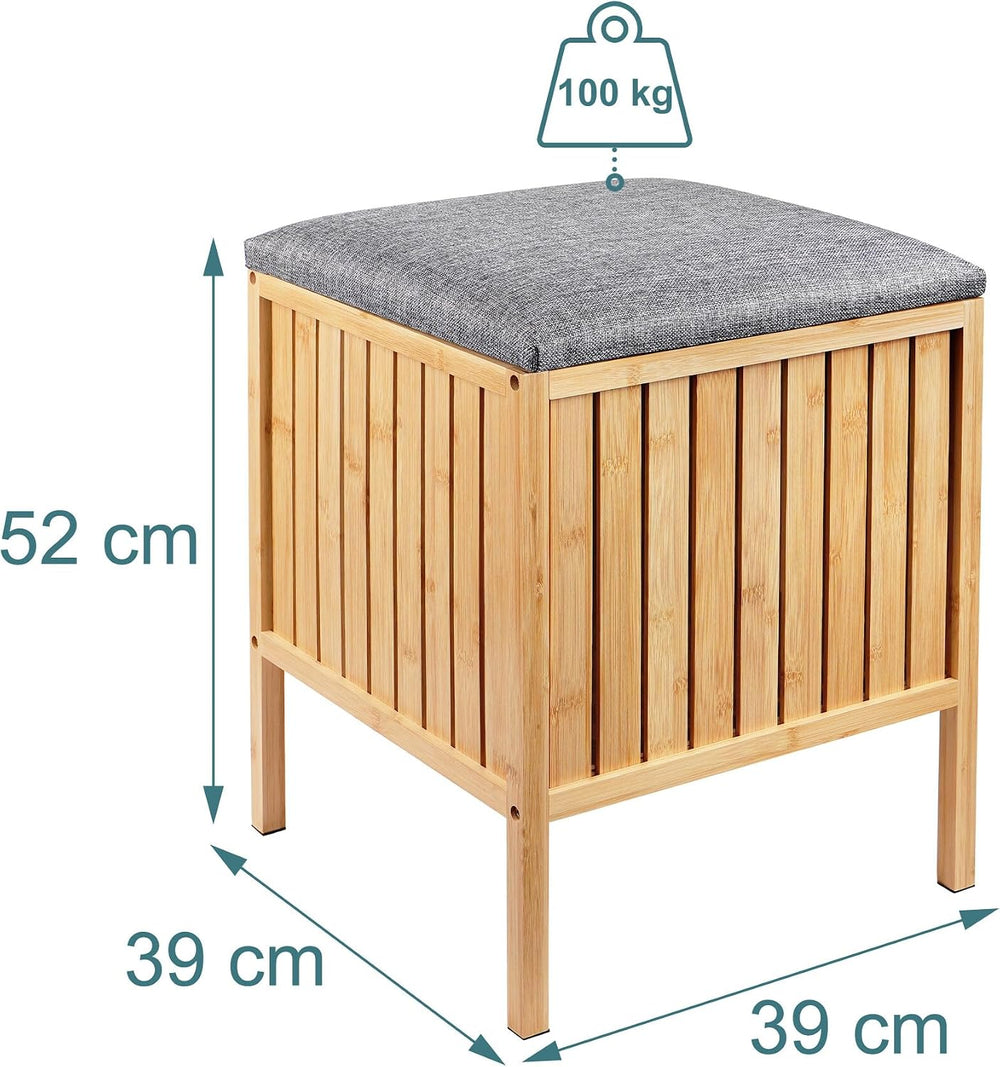 Relaxdays Bamboo Laundry Hamper with Padded Seat, Storage, Bathroom Stool, 52...