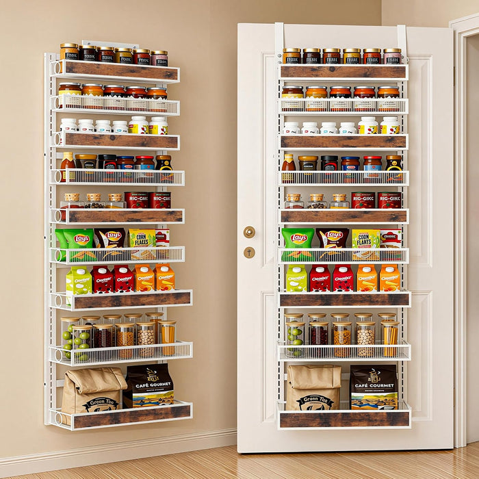9 Tier Over the Door Pantry Organizer 2 IN 1 Hanging or Wall Mounted Spice Rack with Adjustable Basket,Heavy Duty Seasonning Storage Shelf for Kitchen Pantry and Bathroom White