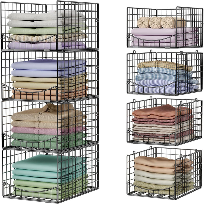 Hongtamoya 4-Tier Stackable Closet Organizers and Storage Shelves, Clothes Storage Basket, Clothes Shelf Organizer Sweater Organizer Bins Container for Wardrobe Kitchen Bathroom Office, Black