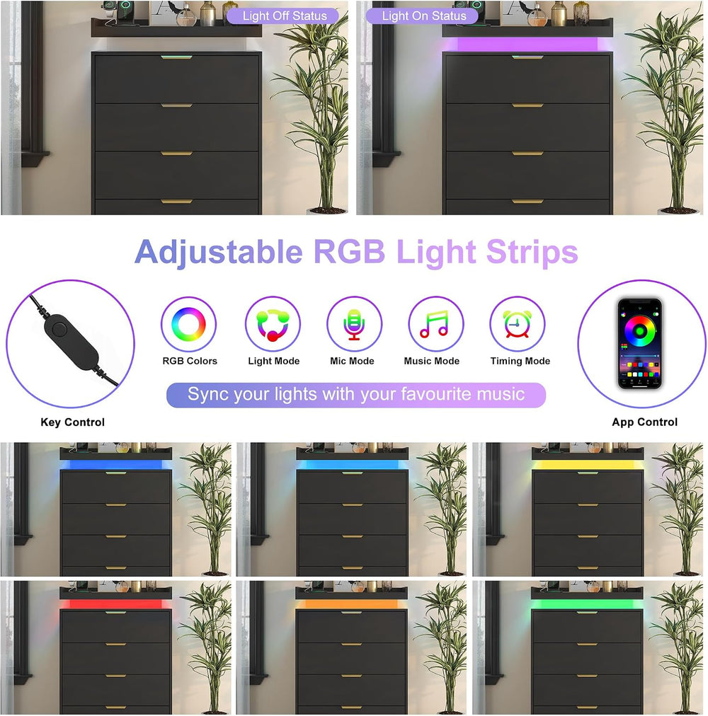 UNIQUITE Black Dresser with LED Lights and Power Outlet, Wooden 4 Drawer Dres...