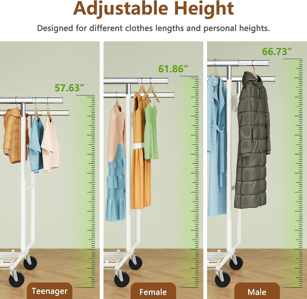 Hoctieon 2-Minute Assembly Double Rod Clothes Rack, Heavy Duty Rolling Clothi...